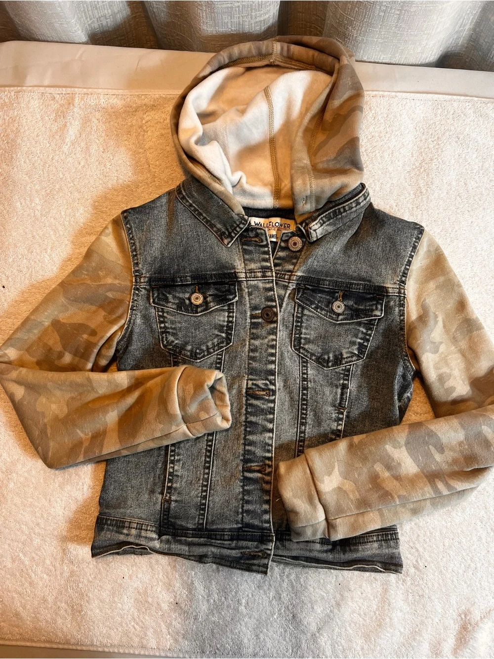 Wallflower Girls' Denim Jacket with Tan Camo Hood & Sleeves SIZE SMALL